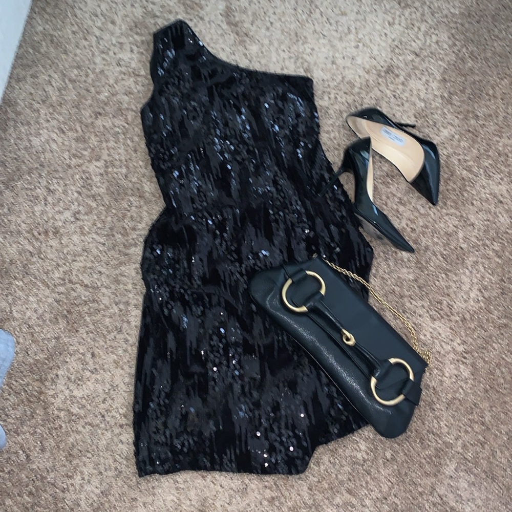 Nicole Miller Black Sequin One-Shoulder Dress like new